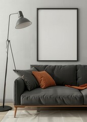Modern living room with a grey sofa. a floor lamp. and a blank picture frame