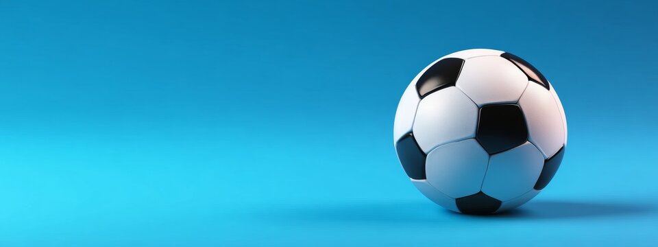 Soccer ball sits on blue background, studio shot