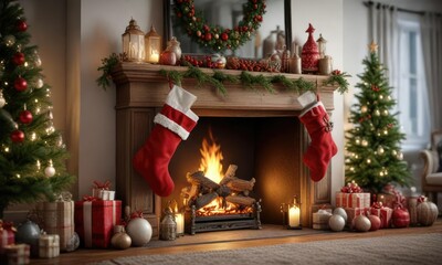 Detailed shot of a beautifully decorated Christmas mantel with stockings and ornaments, bows, festive decor, garlands