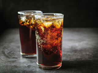 Cola soft drink with ice cubes, soda fizzy drink in Cold two glass on gray background
