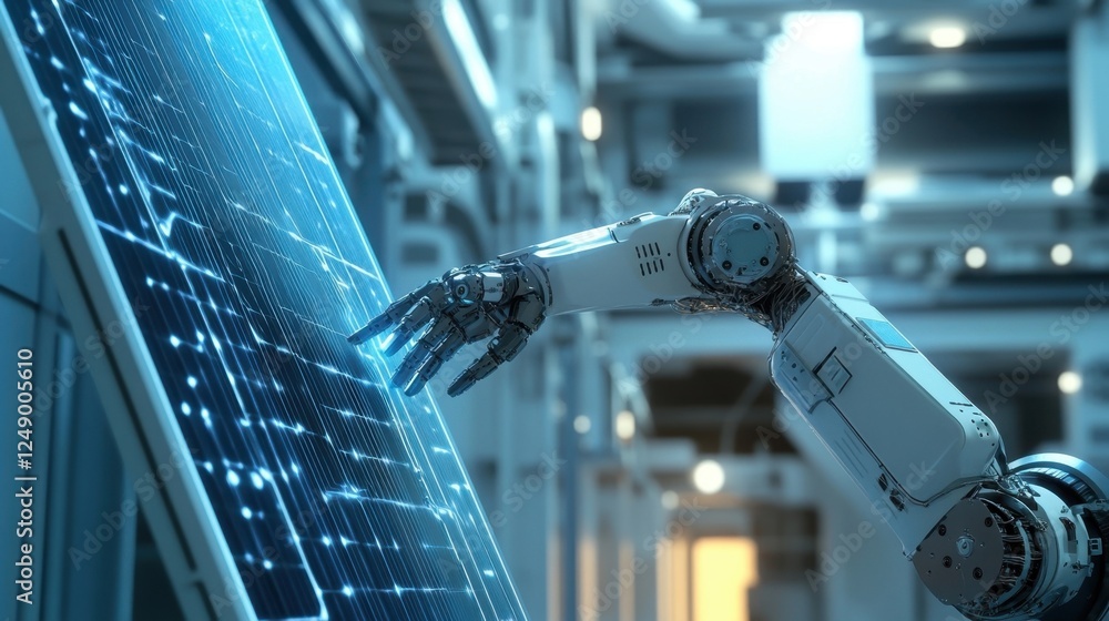 Poster advanced robotic arm engaging with a digital touchscreen interface in a futuristic laboratory settin