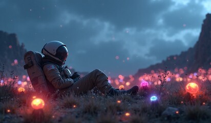 Obraz premium An astronaut sitting and taking rest on an other planet and thinking about Earth. The field full of grass and glowing light balls. Ai generated.