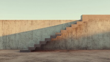 A minimalist architectural design featuring a staircase against a textured wall, with soft lighting highlighting the clean lines and geometric shapes.

