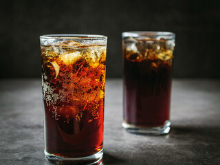 Cola soft drink with ice cubes, soda fizzy drink in Cold two glass on gray background