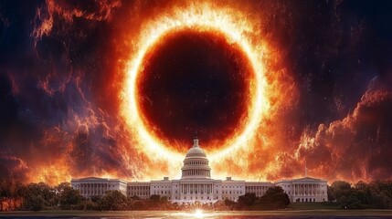 Dramatic cosmic event over government building, fiery ring around a dark hole, vibrant colors, night sky, futuristic scene, large government