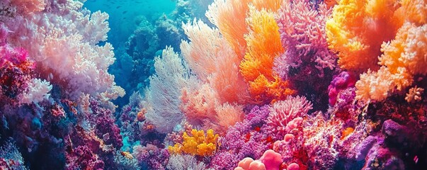 Fototapeta premium Vibrant coral reef teeming with life, showcasing a kaleidoscope of colors and textures under the ocean
