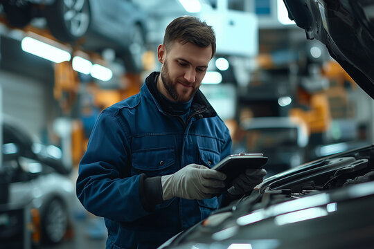auto mechanic diagnoses a car engine failure at a service station