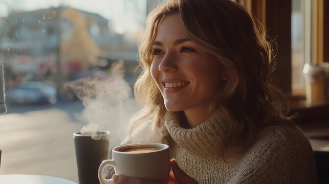 Smiling young Caucasian woman enjoying a hot cup of coffee by the window in a cozy café during a sunny winter morning, wearing a warm knitted sweater, with steam rising and natural light glowing