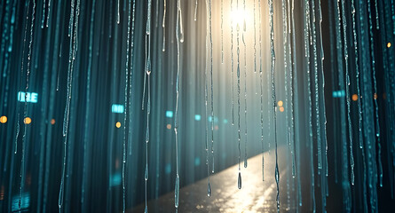 Obraz premium Digital Rain: An ethereal and captivating digital rain effect, resembling a cascade of shimmering blue data streams, illuminated by a warm glow.