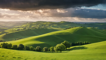 Obraz premium Rolling Green Hills Under Dramatic Sky