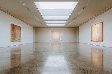 Fototapeta premium Spacious and Minimalist Interior of an Art Gallery Featuring Large Empty Room with Flat White Walls and Natural Light from Skylights
