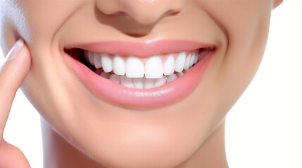 Fototapeta premium Radiant Smile: Beautiful Woman with Perfect White Teeth, Hand on Cheek, Isolated on White Background for Dental Clinic Ad