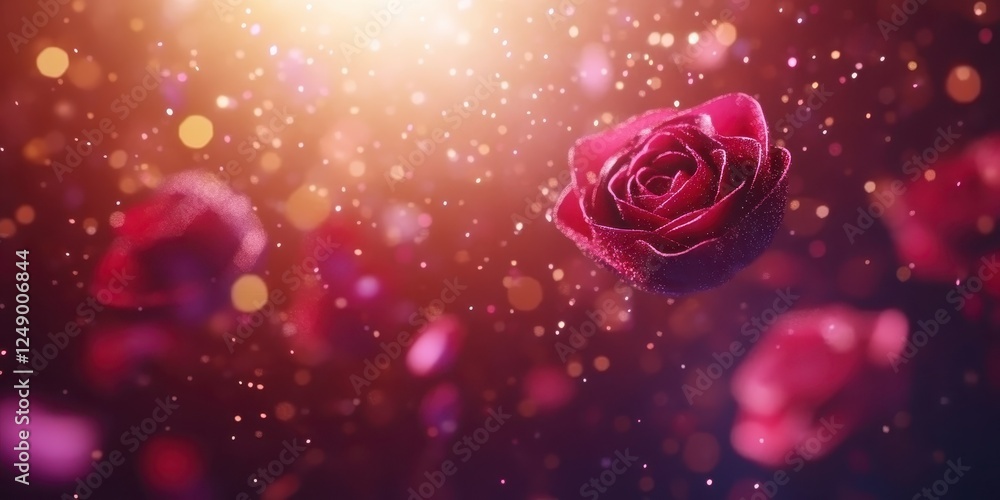 Poster dark red flowers floating in a bokeh effect with glittery particles, creating a romantic and magical
