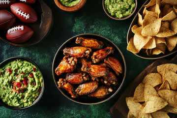 Overhead view of an American football with snacks for the match