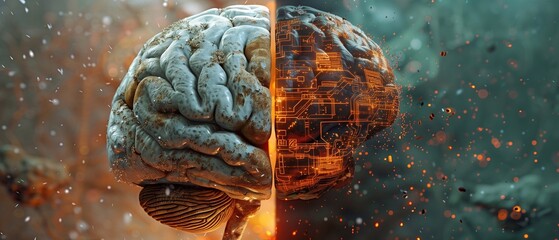 A stunning 3D rendering of the human brain shows the left side appearing stable and intact, while the right side is damaged by computer-connected processing.