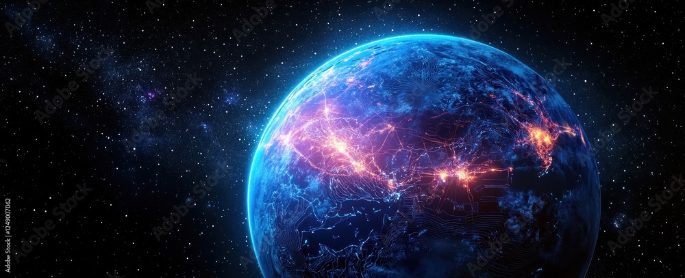 Aufkleber Global Communication Technology and Internet Networks at Night in Cyberpunk Style with Earth and Data Flow