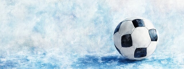 Soccer ball on icy blue background, winter sports banner