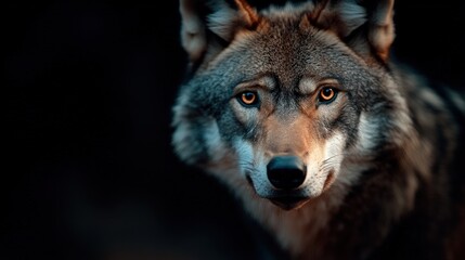 Fototapeta premium Majestic wolf portrait, forest night, intense gaze, wildlife
