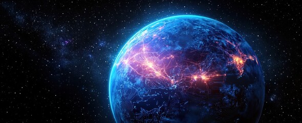Fototapeta premium Global Communication Technology and Internet Networks at Night in Cyberpunk Style with Earth and Data Flow