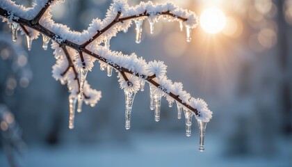 Ice-covered branches with sparkling frost glimmering in morning sunlight in winter forest