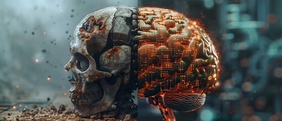 A 3D rendering of a human brain, with the left side divided into the skull and degenerate brain, while the right side is protected and connected to a supercomputer processor.