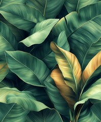 Fototapeta premium Vibrant tropical foliage featuring oversized banana leaves showcasing exotic greens in a lush environment