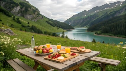 lake in the mountains with a picnic table