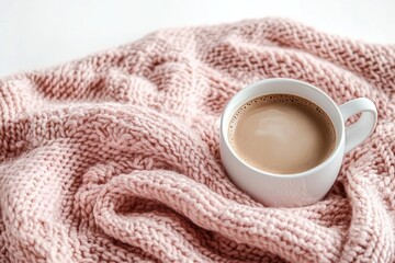 Cozy still life with pink knitted blanket and cup of coffee on white background flat lay top view minimalistic