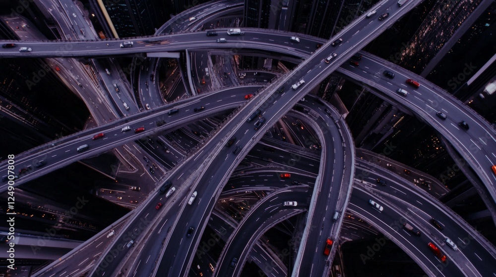 Aufkleber Cars navigating a complex highway interchange at dusk create a captivating pattern of winding asphalt ribbons, intertwining through the vibrant cityscape and illuminating the evening skyline