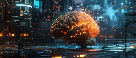 3D rendering of a human brain, set against a backdrop of a futuristic cityscape. The brain is the central focus, glowing with an intense orange light, highlighting its intricate folds and convolutions