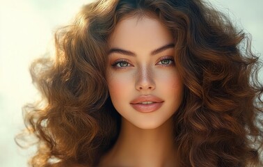 Obraz premium Curly Hair Beauty Portrait of a Smiling Woman in Natural Light with Voluminous Wavy Hair and Red Manicure