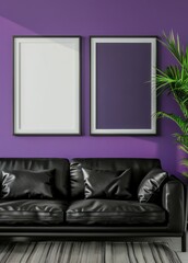 A black leather sofa with two framed posters. one white and one purple. against a purple wall