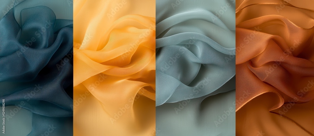 Aufkleber close up view of four different colored sheer fabrics, each with a subtle, repeating lace pattern. t