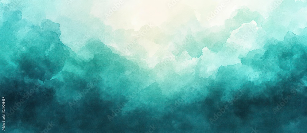 Poster abstract watercolor painting background in teal and mint green with soft gradient and luminous glow