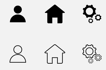 Minimalist Black and White Icon Set Featuring User, Home, and Gear Settings for Modern UI/UX Design Projects