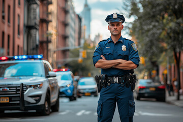 Handsome smiling young man cops stand near patrol car look at camera enforcement officer police uniform auto safety security communication control policeman close up