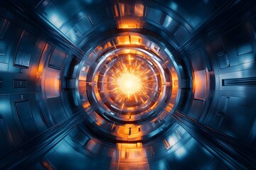 A futuristic, abstract tunnel with swirling blue and orange hues, leading to a bright, glowing center. Concept Futuristic Tunnel Design, Abstract Art, Swirling Blue and Orange, Glowing Center