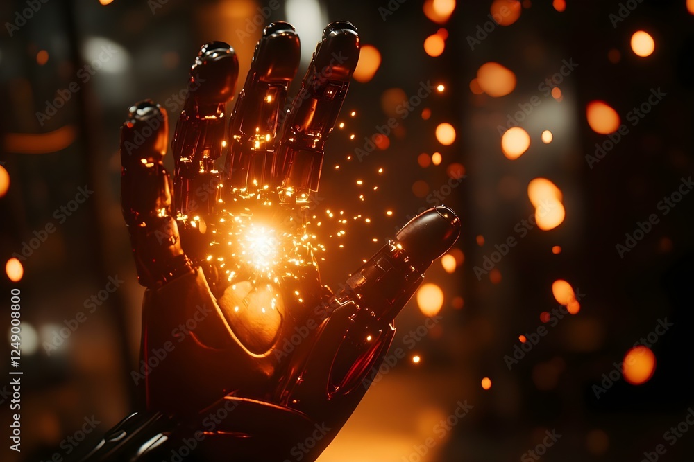Poster a metallic robotic hand emitting sparks and glowing particles, suggesting a theme of advanced techno