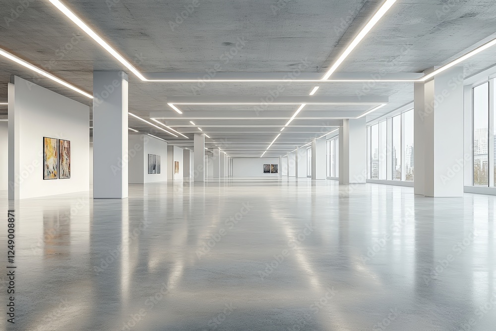 Poster spacious and modern empty room with white walls and concrete floor suitable for various events and c