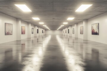 Fototapeta premium Spacious and Unadorned Gallery with Bright Lighting and Polished Concrete Floor, Ideal for Art Exhibitions and Creative Spaces