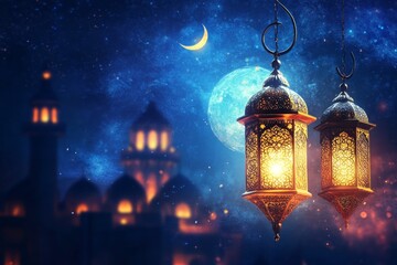 Ramadan lanterns, mosque, night sky, celebration, greeting