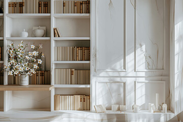 High end study with built in wooden bookshelves. Luxurious home office setting background. Minimalist reading space design.