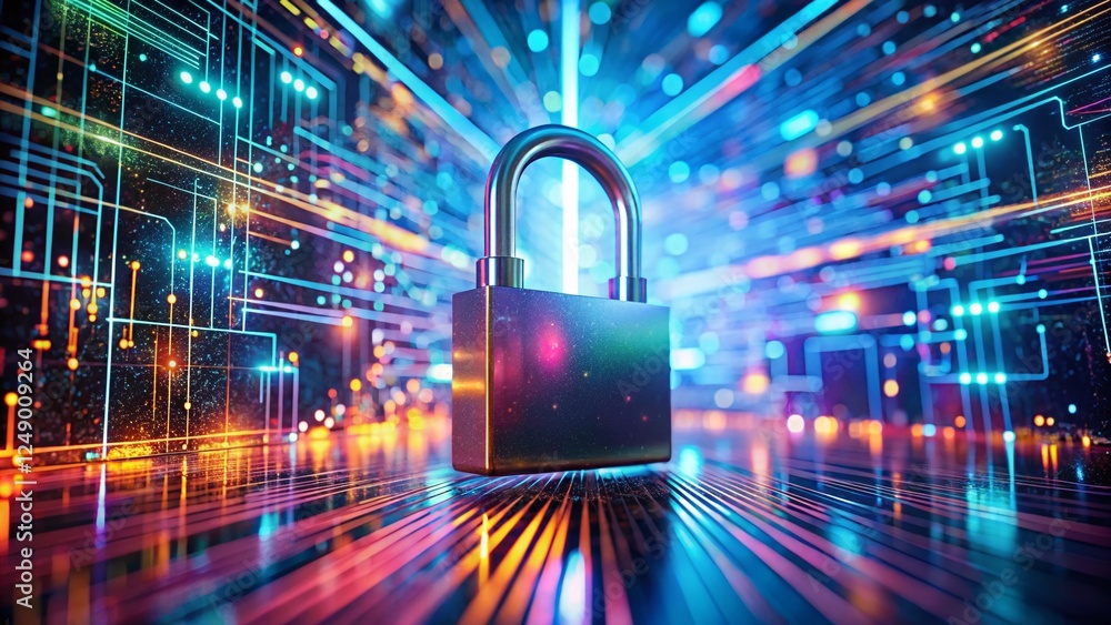 Poster digital security: padlock on a glowing computer screen - stock photo