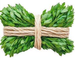 Close up view of a bunch of fresh green herbs tied with a light beige string, isolated against a pure white background. The herbs are vibrant green