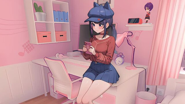 Anime girl from the game plays on the phone, anime wallpaper