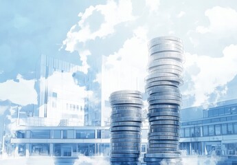 Stacks of Coins Against a Modern Cityscape with Blue Sky Background