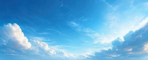 serene panorama blue sky with fluffy clouds and warm sunlight in a peaceful summer landscape