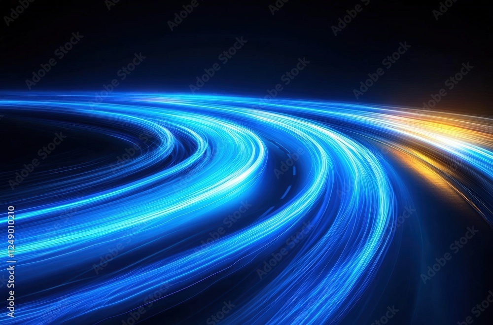 Poster long exposure photograph capturing blue light trails on a dark background creating a dynamic and eth