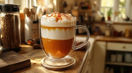 Homemade Caramel Latte Photo Cozy Kitchen Beverage Warm Environment Close-Up Realistic Capture