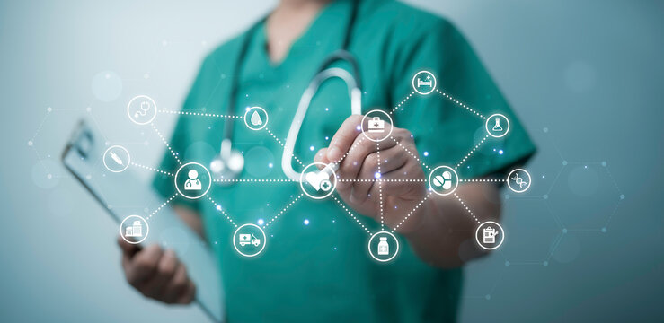 Modern healthcare network with advanced medical technology, showcasing a doctor connecting data points for improved patient care and efficient health management solutions